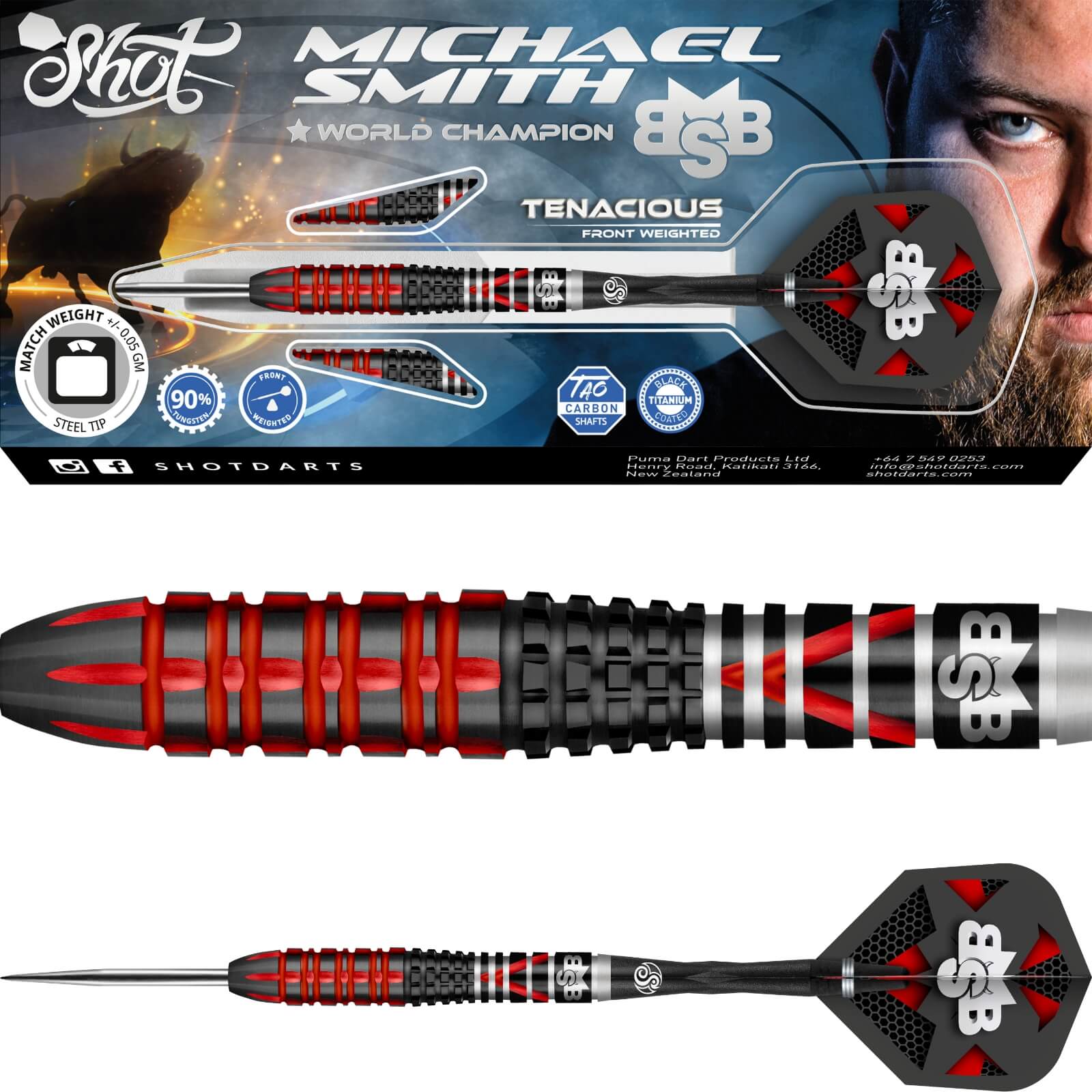 Shot - Michael Smith Tenacious Darts - Steel Tip - 90% Tungsten - 23g 24g 25g