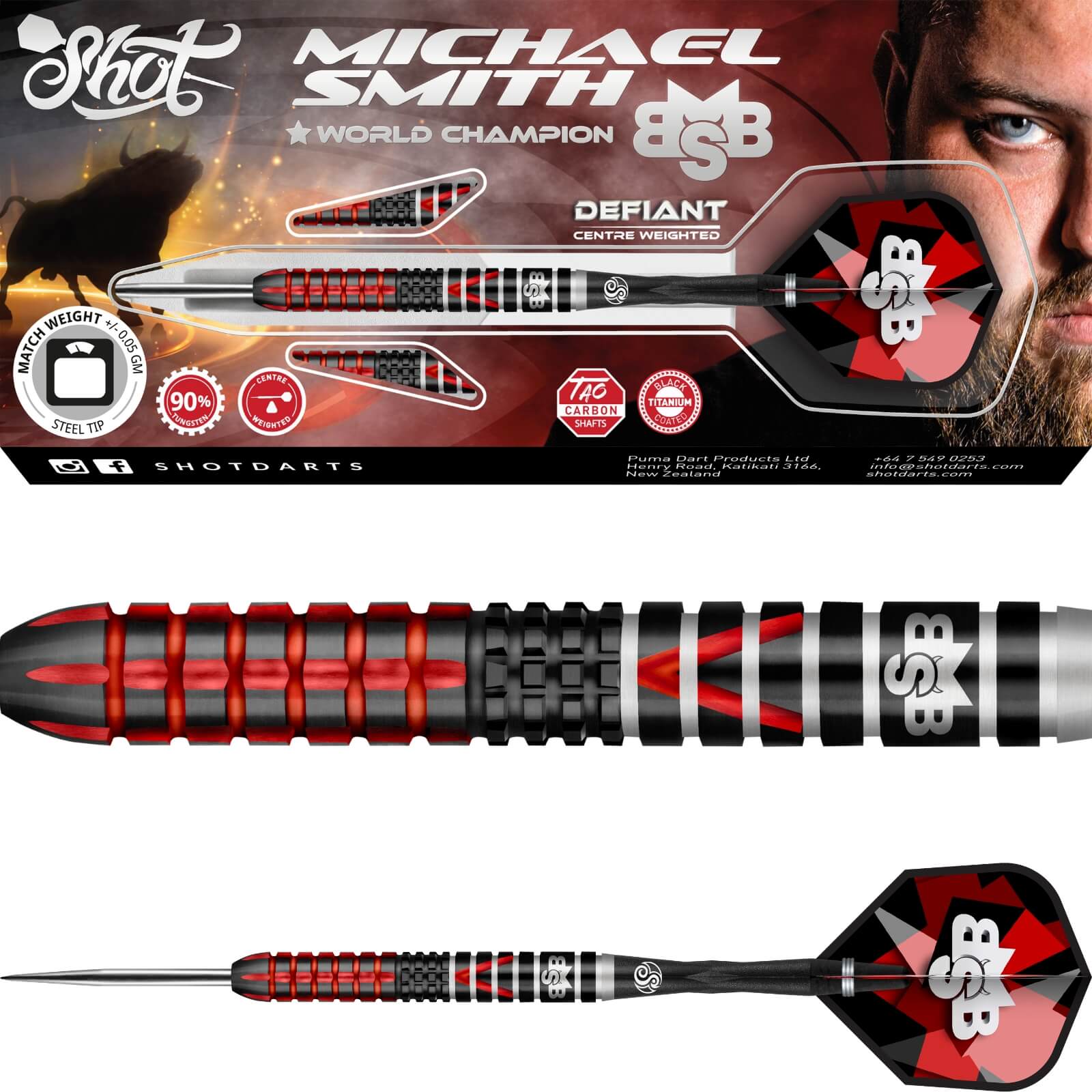 Shot - Michael Smith Defiant Darts - Steel Tip - 90% Tungsten - 22g 23g 24g 25g