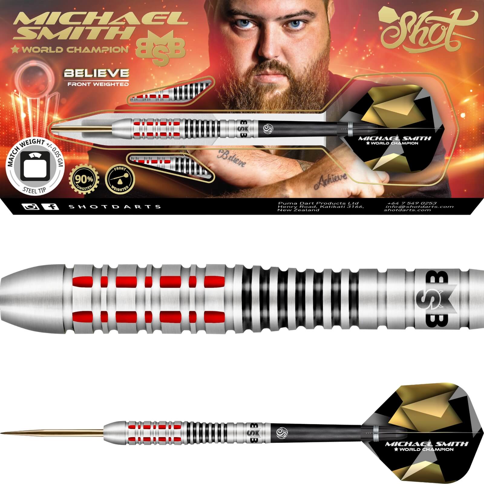 Shot - Michael Smith Believe Darts - Steel Tip - 90% Tungsten - 22g 23g 24g 25g 26g