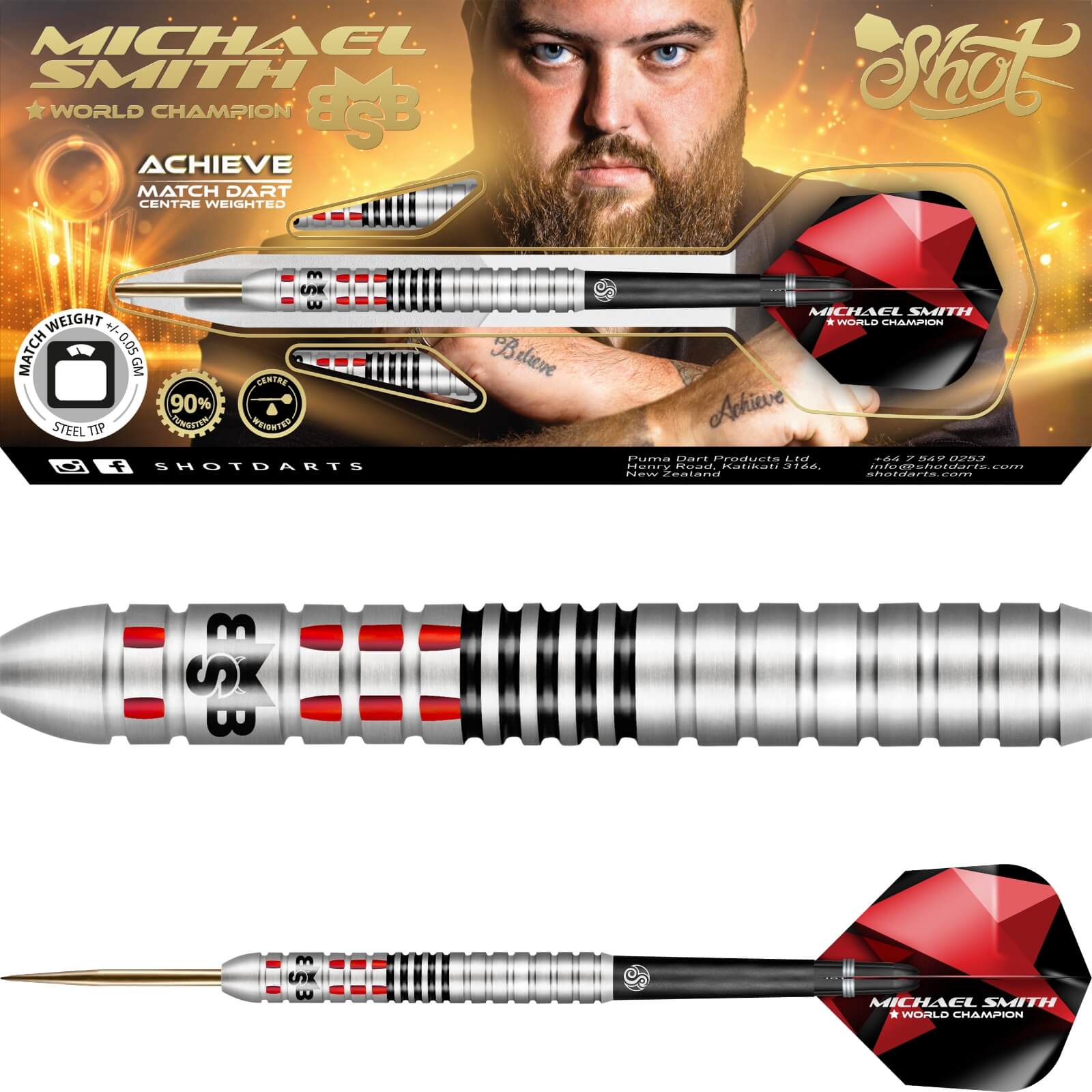 Shot - Michael Smith Achieve Darts - Steel Tip - 90% Tungsten - 21g 22g 23g 24g 25g 26g