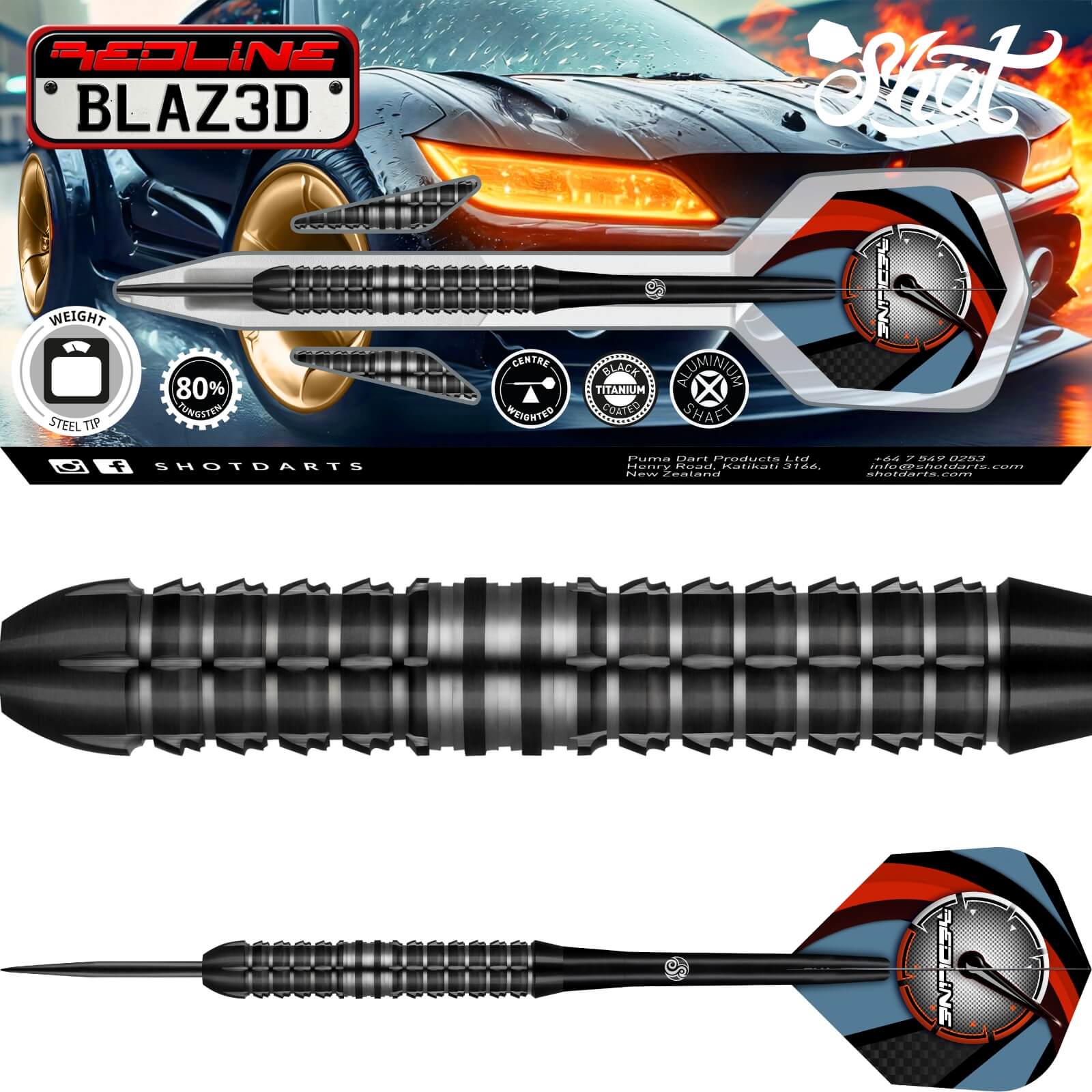 Shot - Redline BLAZ3D Darts - Steel Tip - 80% Tungsten - 22g 24g 26g 28g