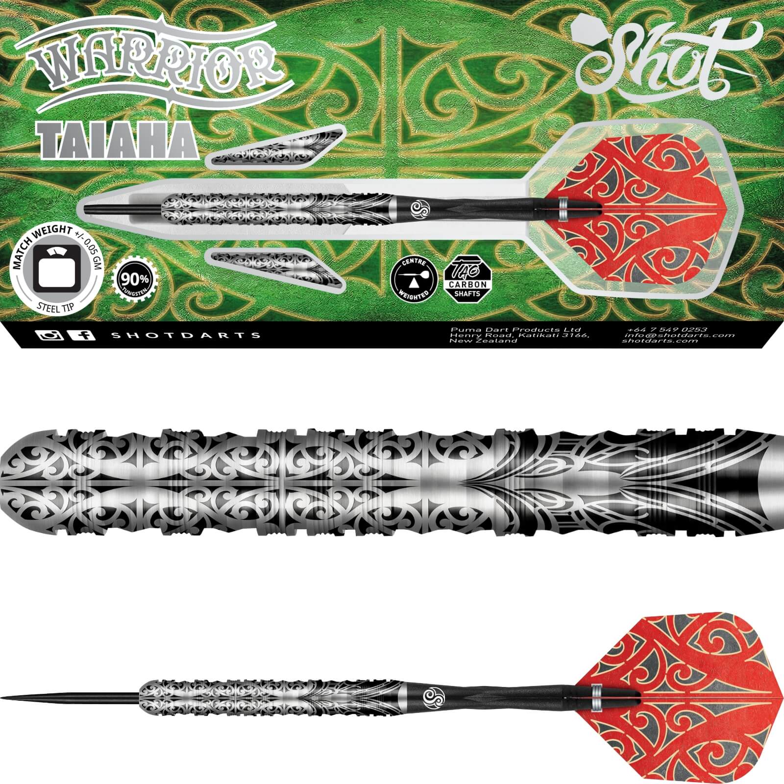 Shot - Warrior Taiaha Darts - Steel Tip - 90% Tungsten - 21g 23g 24g 26g 28g 30g