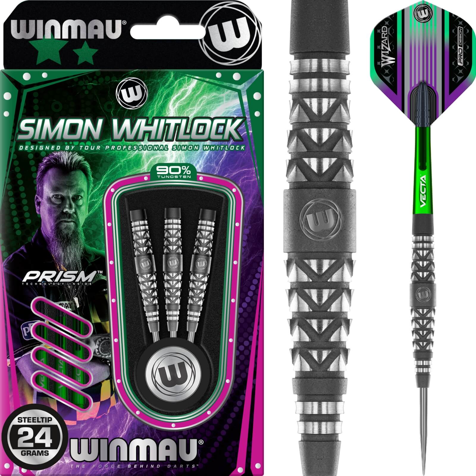 Winmau - Simon Whitlock Atomised Grip Darts - Steel Tip - 90% Tungsten - 22g 24g